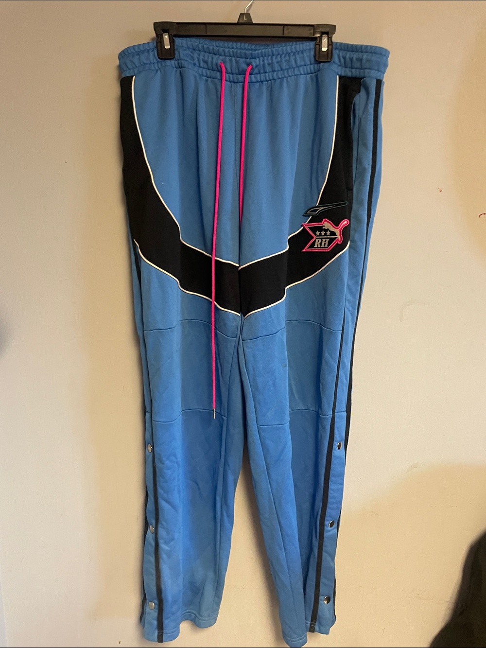 Rhude Light Blue Athletic Pants with Pink Drawstring Detail
